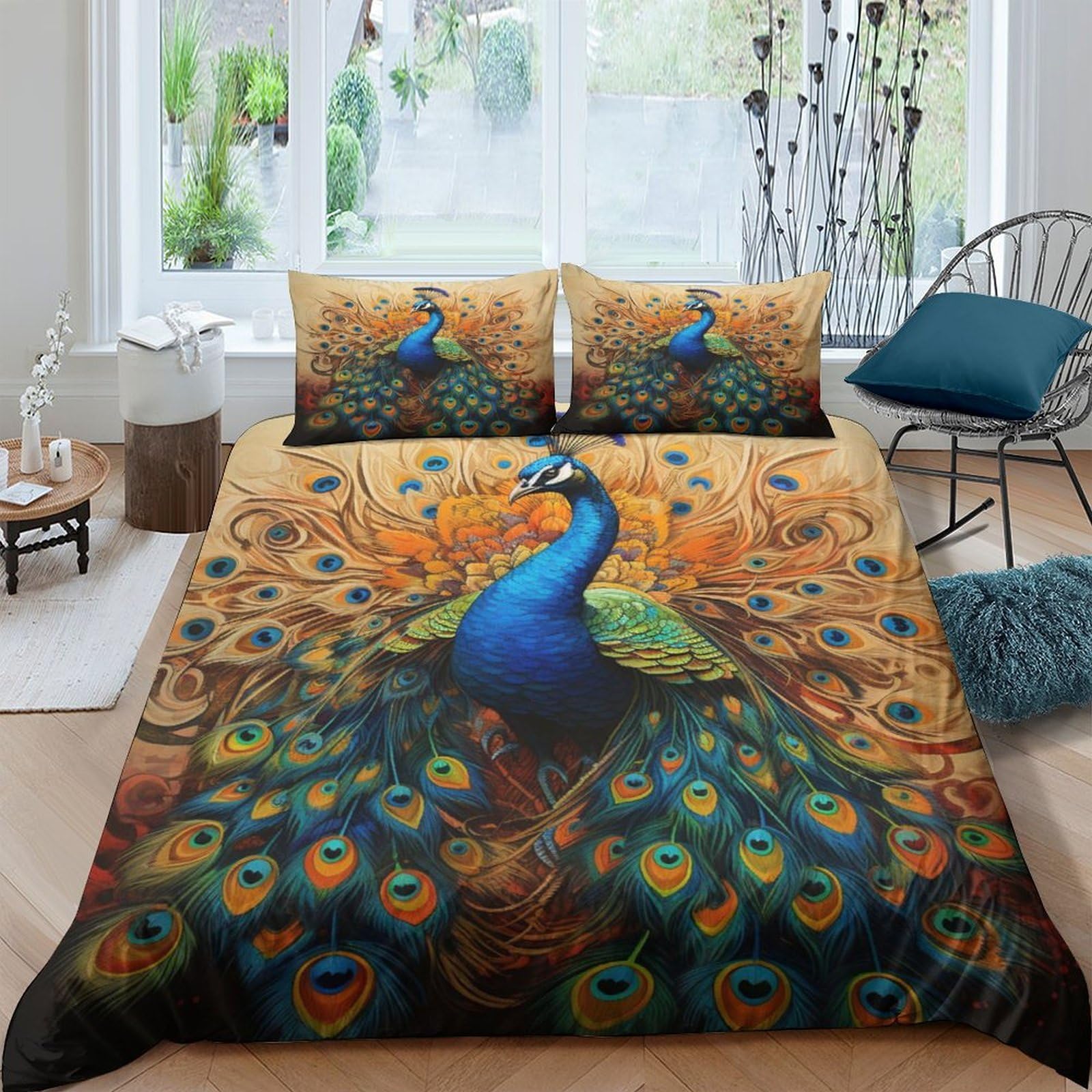 Ctjqhvkz Style-6 3D Printed Peacock Garden Fitted Sheet Microfiber Soft Breathable Royal Plumage Bed Cover For Bedroom Guest Room Decor Single（135X200cm）