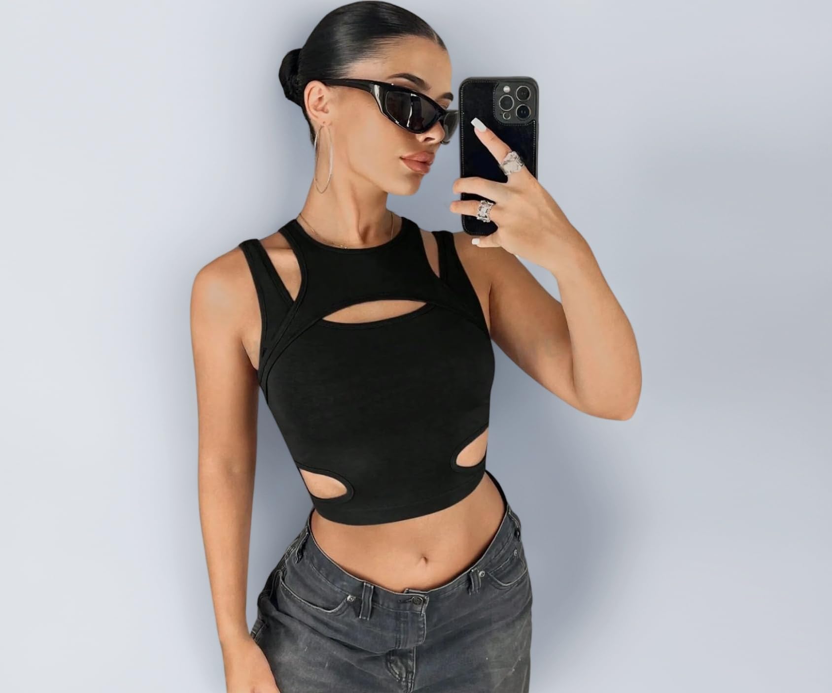 Women's Sleeveless Stretchable Regular Fit Ribbed Top with Front Cut-Outs