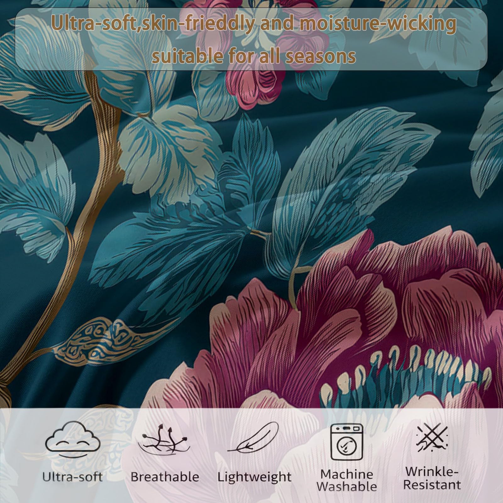 Generico Zimowa kołdra puchowa 140 x 200 cm wiejskie kwiaty winorośl kołdra z pianki 400 g/m², ciepła i elegancka, antyalergiczna i oddychająca pościel 3-częściowy zestaw, niebiesko-zielony