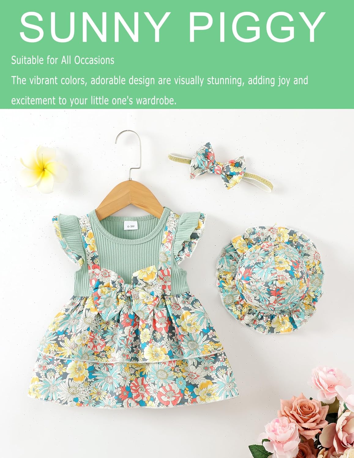 SUNNY PIGGY Baby Girl Clothes Newborn Infant Dress Outfit 0 3 6 9 12 18 24 Months Skirt Set Headband+Hat - Image 5