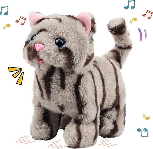 Easfan Juguete de peluche de gatito que camina eléctrico, interactivo, animal de peluche con cola de maullido, cabeza que mueve la cabeza, juguete