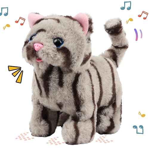Easfan Walking Kitty Plush Toy Electric Interactive Cat Stuffed Animal Meowing Tail Wagging Head Nodding Cat Pet Toy Animated Kitten Birthday for Kids Toddlers,9" - Grey Cat