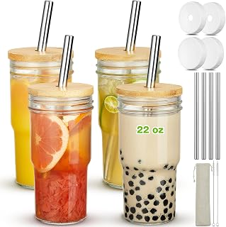 4 Pack Glass Cups with Bamboo Lids and Straws (USA MADE), 22 oz Glass Tumbler with Straw and Lid, Reusable Boba Cup Smoothie Cup Iced Coffee Cup Wide Mouth Mason Jar Cups Drinking Glasses for Bubble