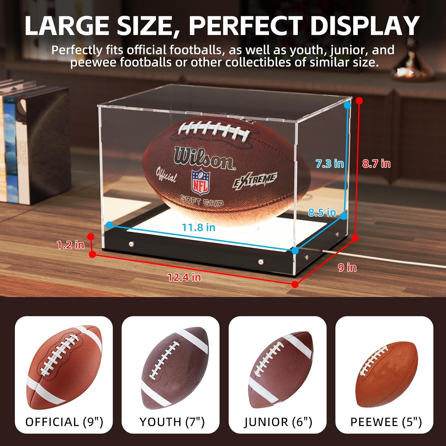 Choowin Football Display Case with Lights, Thickened Acrylic Football Case Display Clear, Lighted Display Case for Collectibles