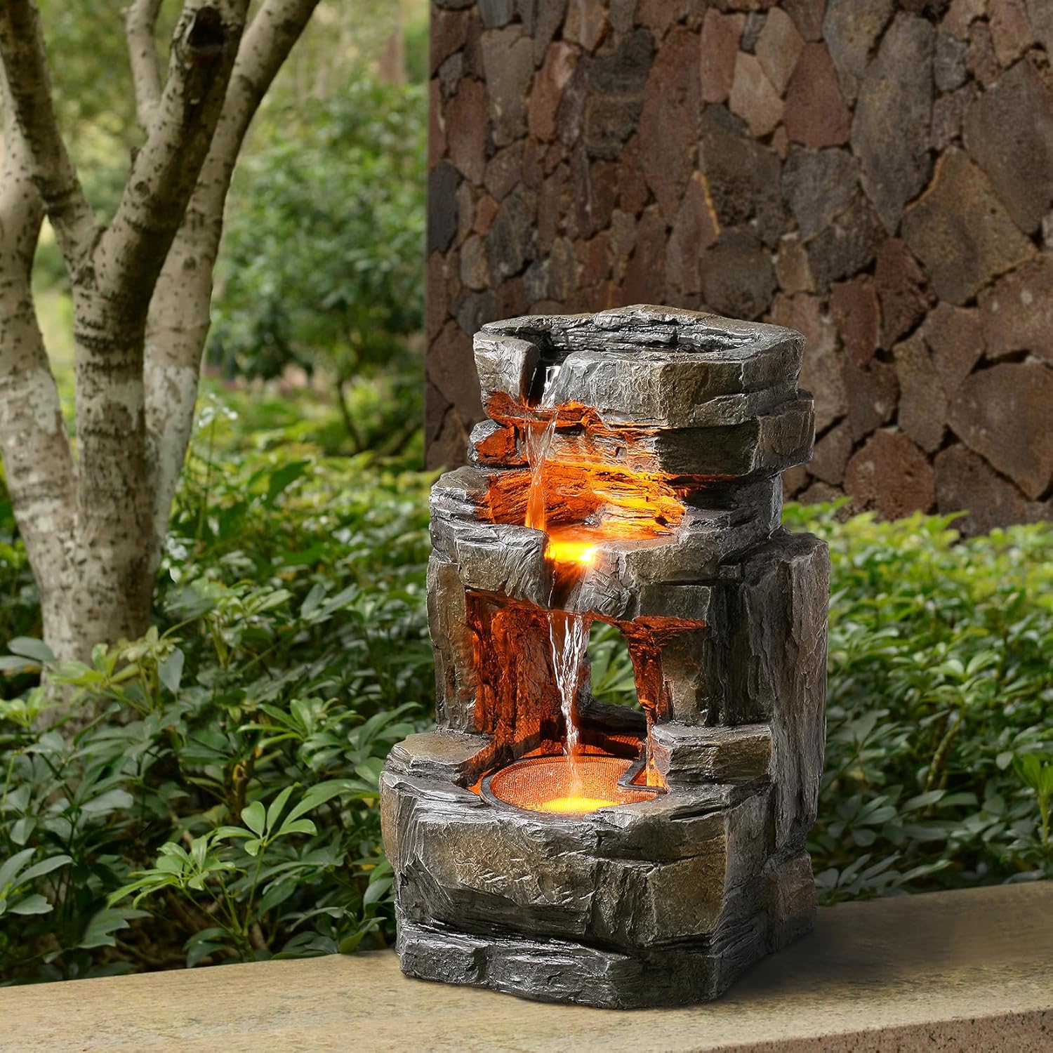 Kalona Outdoor Waterfall Fountain with LED Lights - 3-Tier Resin Rock Water Feature for Garden Patio Backyard, 21.5" Tall Fountain Decor 24392