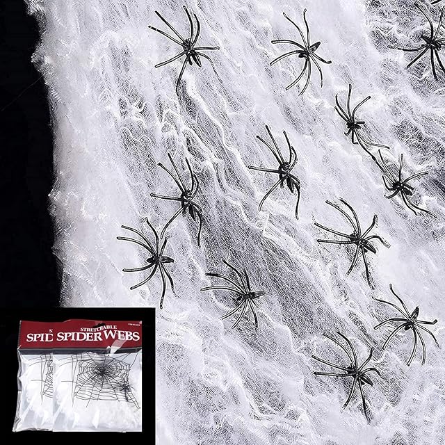 2 Pack Stretchable Spider Cob Web Halloween Decoration with 8 Large Spiders,Stretchable Halloween Cobwebs,Spiders Set for Halloween Party Yard Décor
