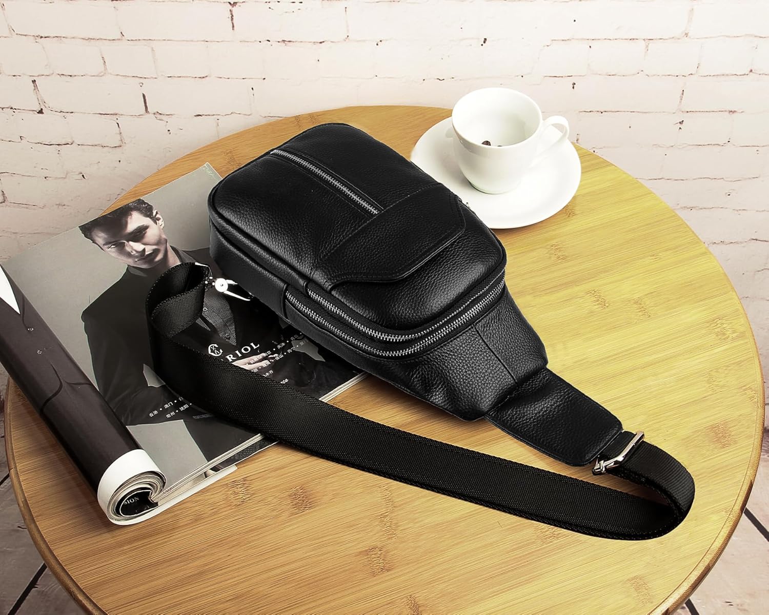 DK86 Genuine Leather Sling Bag for Men and Women Crossbody Small Fanny Packs Chest Travel Backpack Daypack Black - Image 7