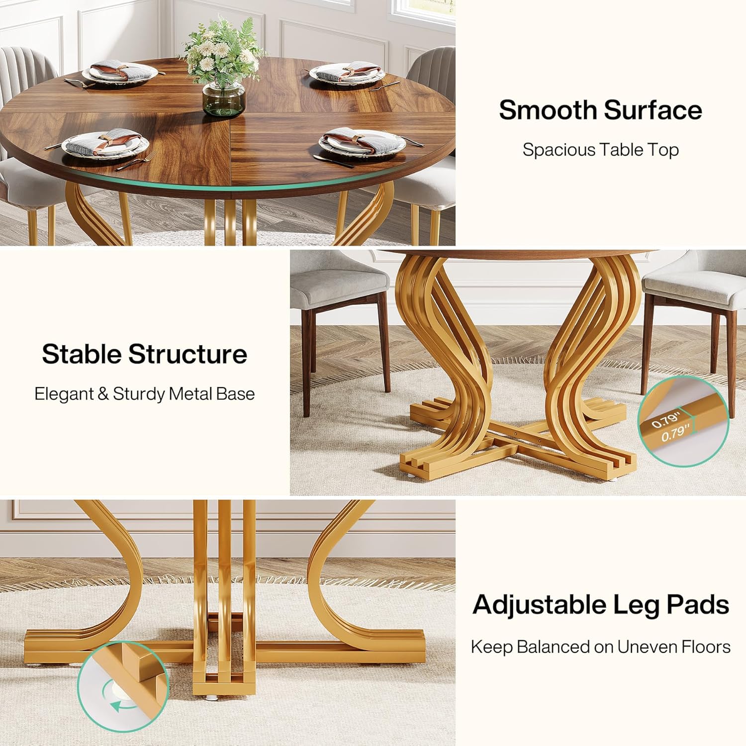 Tribesigns 47-Inch Round Dining Table for 4, Farmhouse Wood Kitchen Table with Gold Metal Base, Circle Dinner Table Dining Room Table for Kitchen, Living Room, Rustic Brown