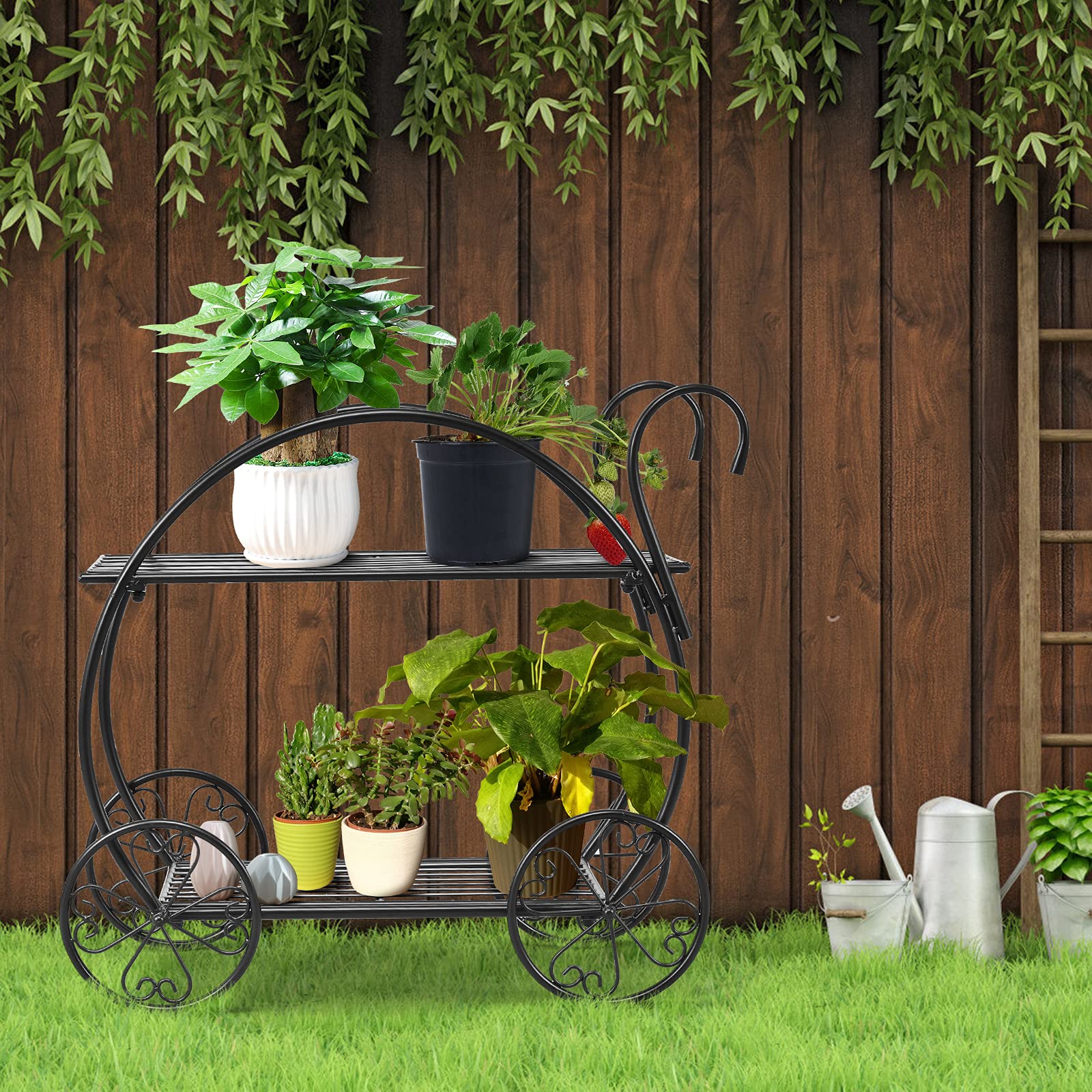 KOMFOTTEU Soporte para Flores con 4 Ruedas, Carro de Macetas de Metal de 2 Niveles, Estantería Decorativa de Plantas con 2 Asas para Interiores y Exteriores, Portaplantas con Carga hasta 20 kg