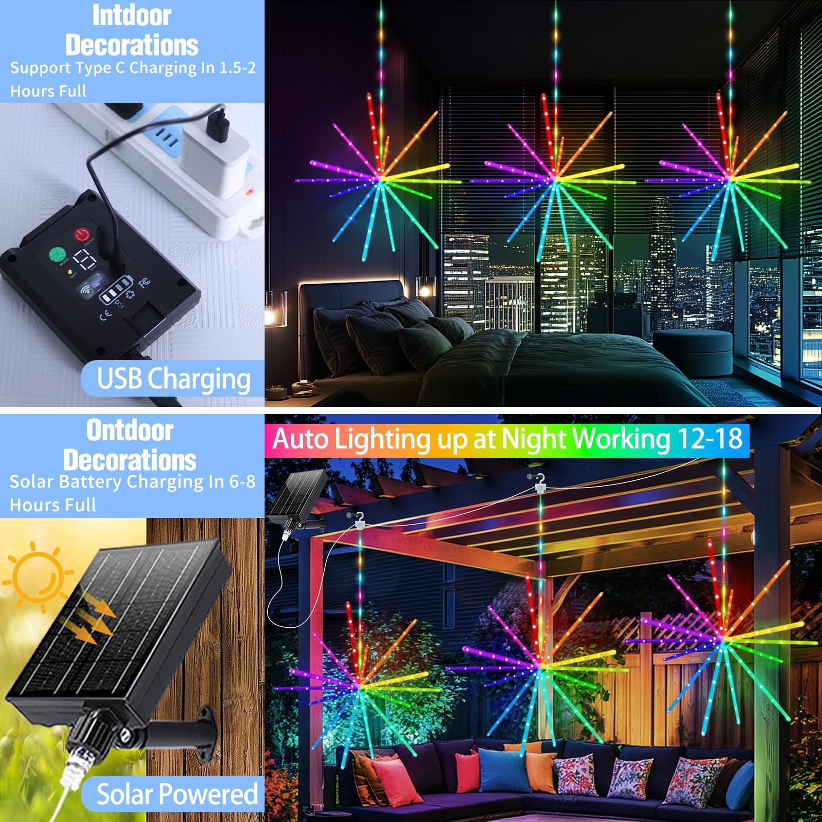 2500mAh RGB Luci solari da giardino per esterni 3 Stücke Farbwechsel Fuochi d'artificio da Giardino Esterno mit Wasserdichte Teleaufladbare Timer Hangende luci solari per fuochi d'artificio für Gazebo