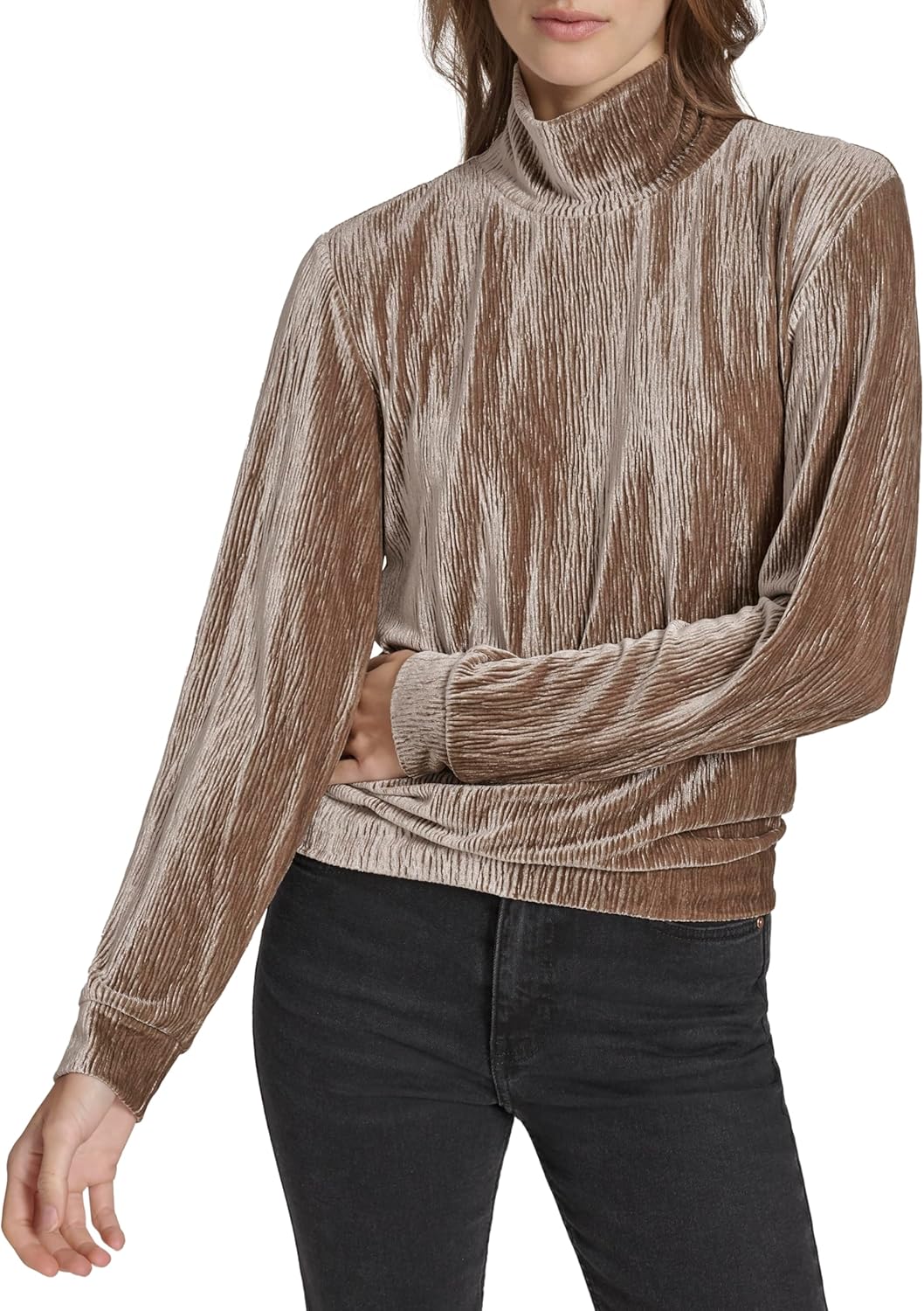 Andrew Marc Womens Turtleneck Velvet Wavy Pattern Top