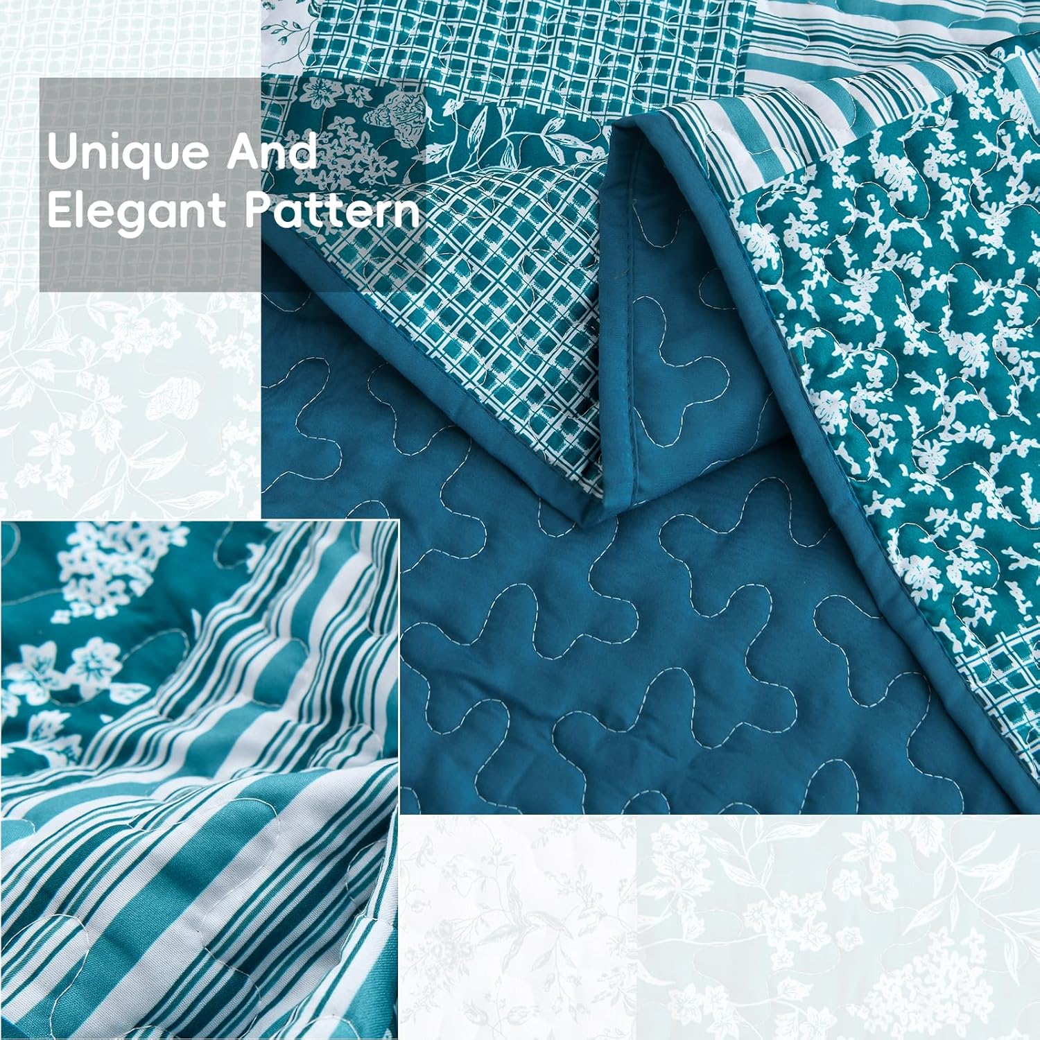 Mybedsoul Teal Blue Quilt Set King Size 3 Pieces Boho Plaid Turquoise Floral Bedspread Set Microfiber Lightweight Bohemian Bedding Bedspread Coverlet Set for All Season 90"x104" - Image 4