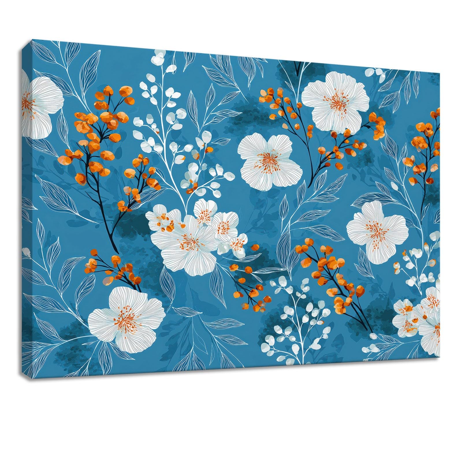 Obrazy na płótnie w stylu vintage, obrazy ścienne do salonu, 100 x 70 cm, druk artystyczny, obrazy na płótnie, niebieskie kwiaty, liście, jagody, dekoracja ścienna do korytarza, sypialni, jadalni i