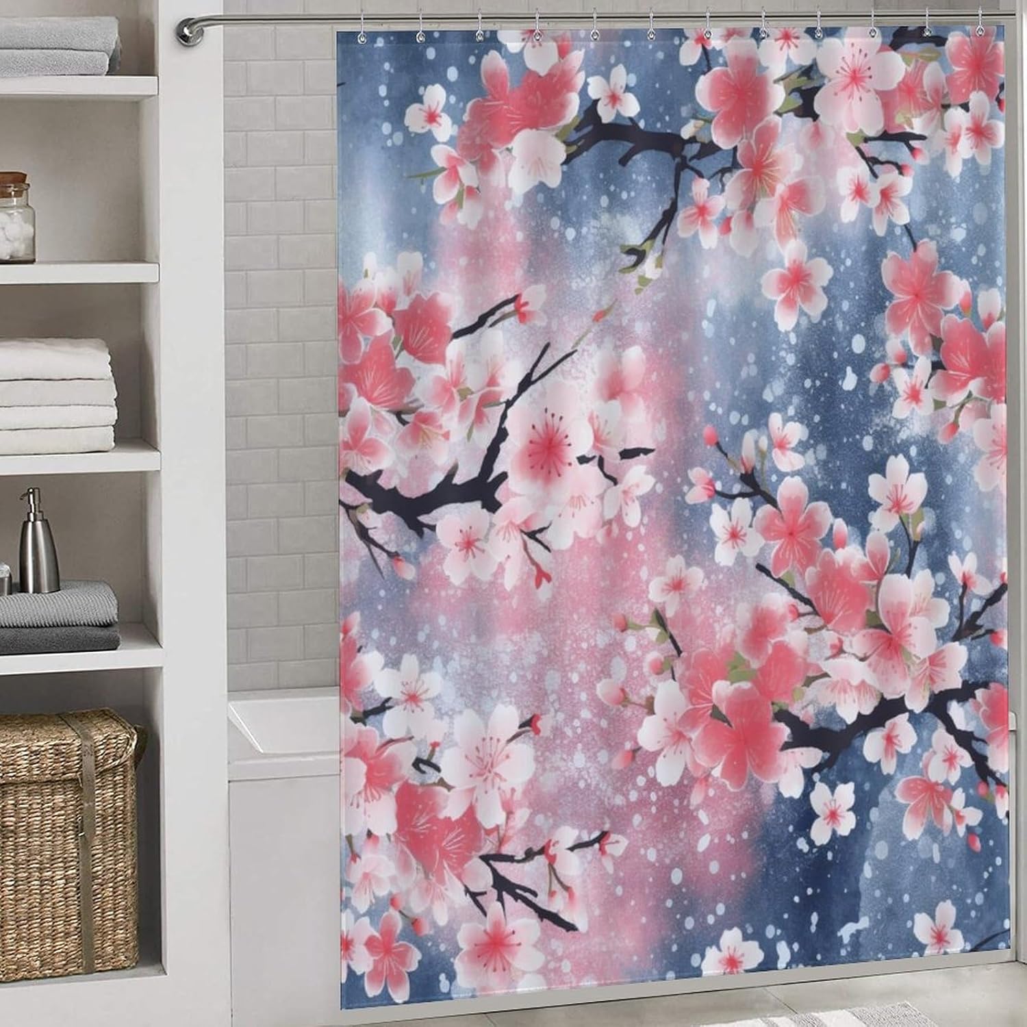 Japanese Cherry Blossom Shower Curtain, Asian Shower Curtains for Bathroom Cool Wash Painting Abstract Art Decor Polyester Fabric 72x78 Inches(183x200cm)