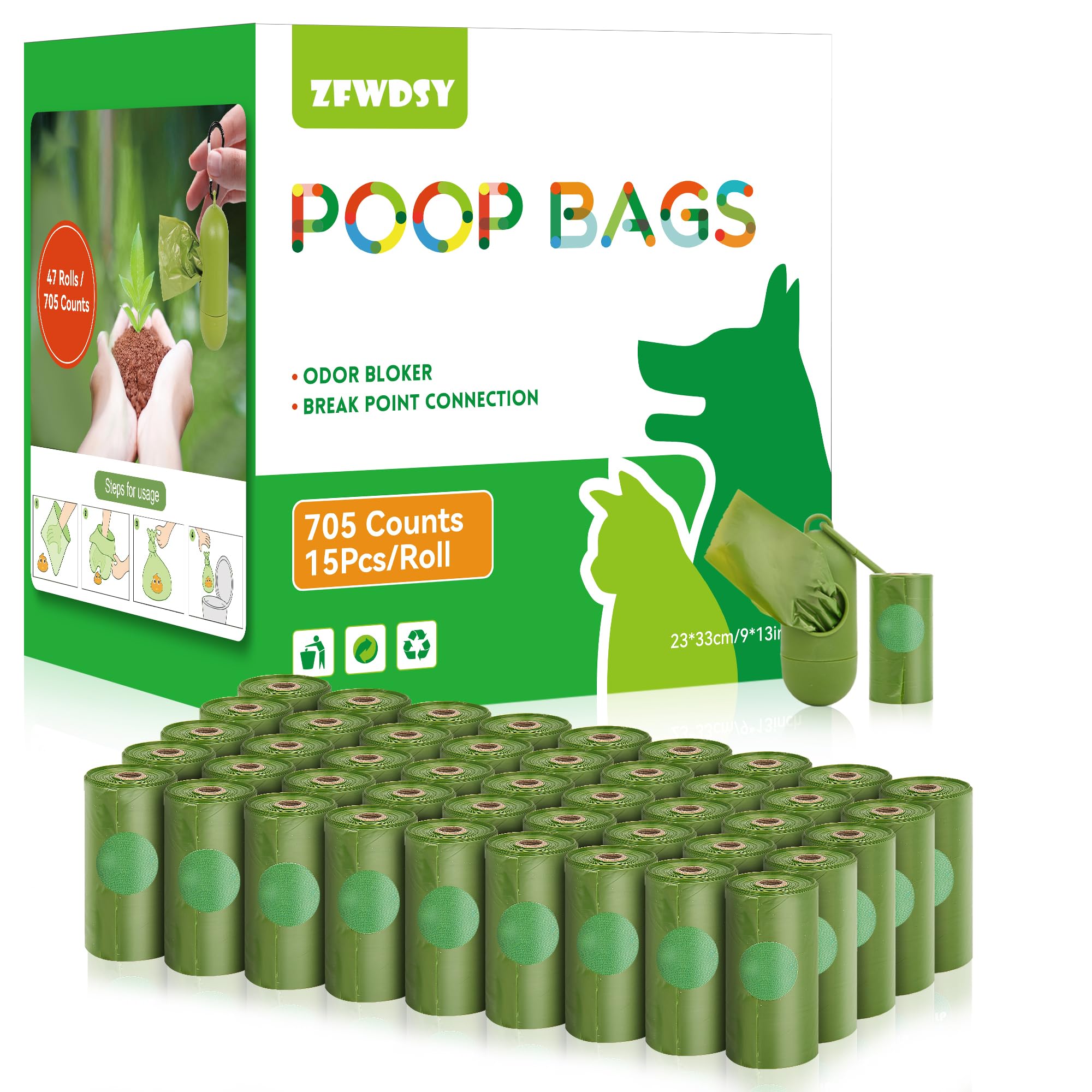 Bolsa para excrementos de perros biodegradable，705 Unidades, bolsas compostables para excrementos de perros, extra gruesas,fuertes bolsas para excrementos de perros a prueba de fugas con dispensador