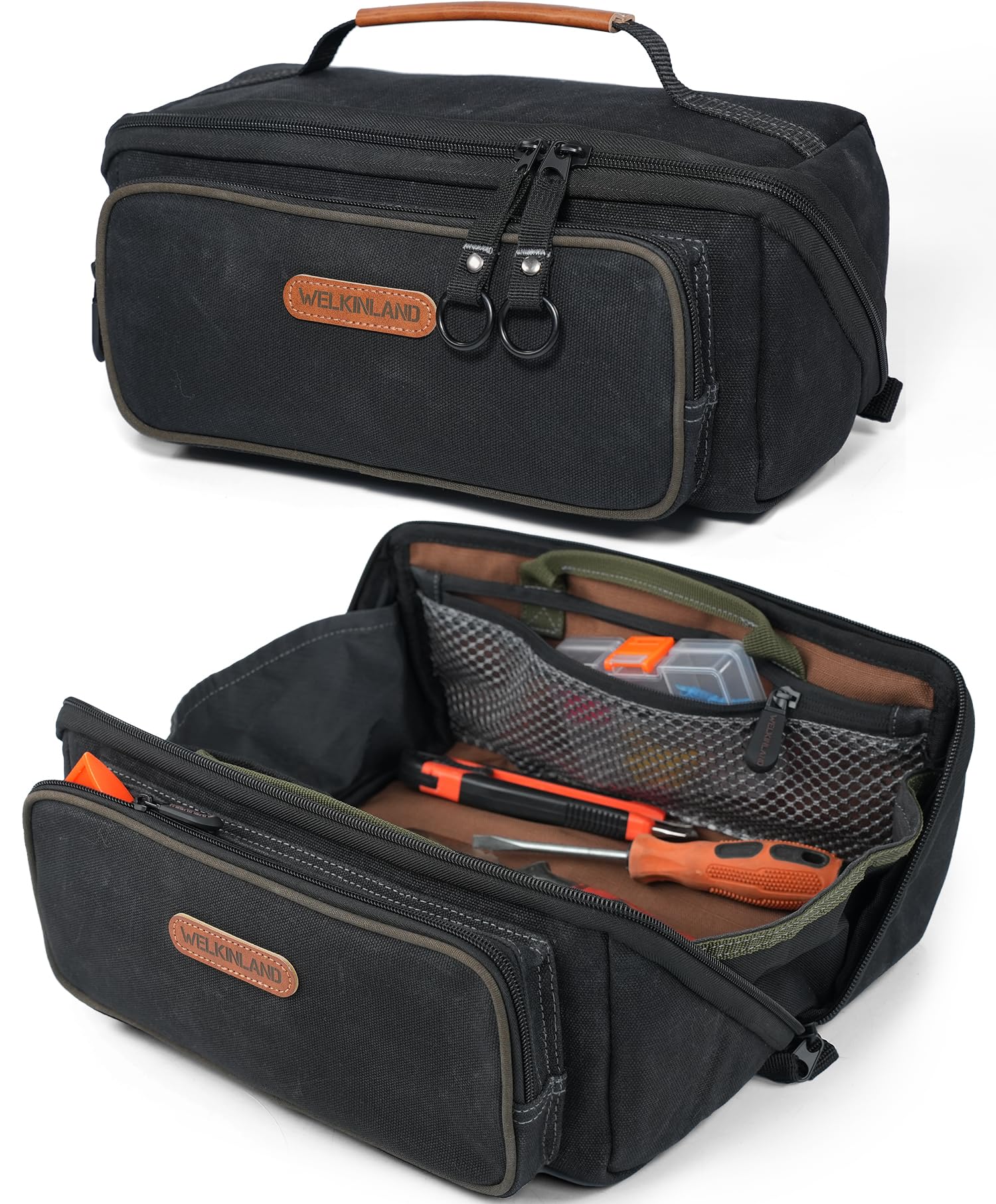 WELKINLAND LayFlat Tool Pouch Organizer 13-Inch Small Tool Bag Heavy-Duty Waxed Canvas Tool Pouch 5-Pocket Small Tool Bags
