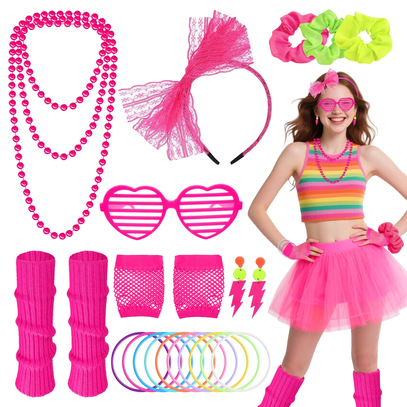 80s Fancy Dress Costumes Set for Women, 1980s Neon Party Costume Accessories with Earrings Bracelet Necklace Leg Warmers Fishnet Gloves Headband Scrunchies, Retro Outfit for 80s Theme Party (rose red)