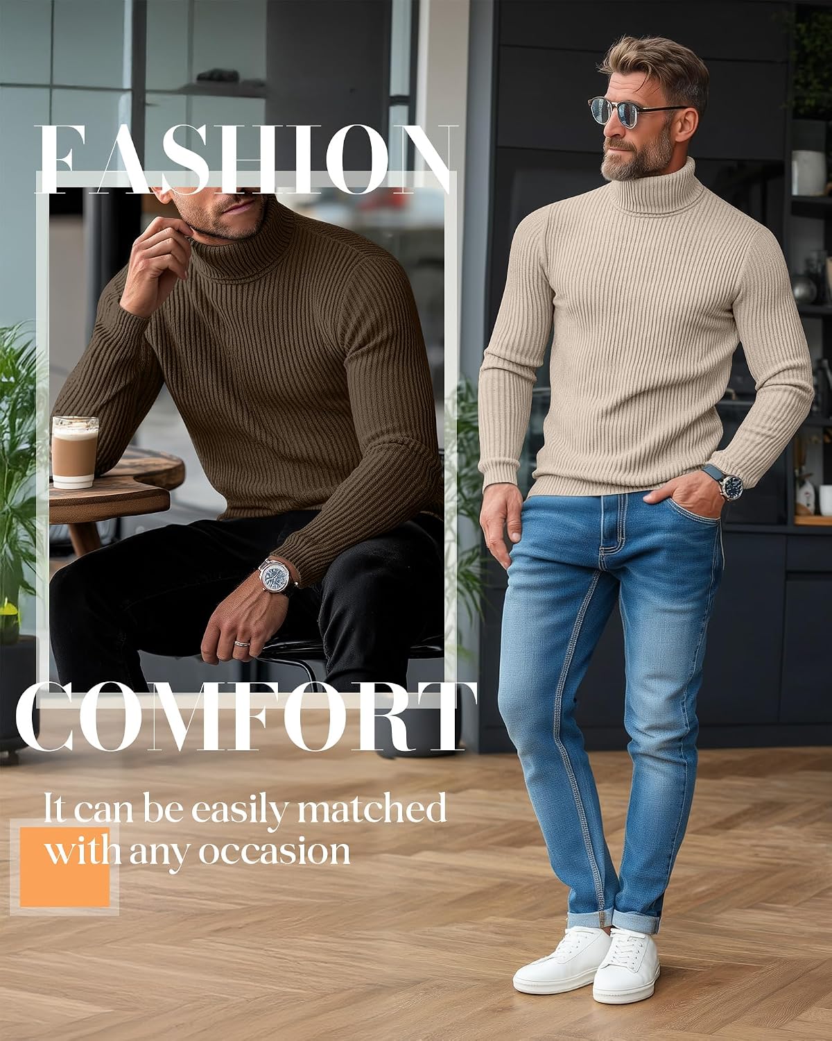 Locoowai 3 Pack Men's Ribbed Turtleneck Shirts, Long Sleeve Mock Neck Lightweight Pullover Sweaters Knit Base Layer Tee Tops