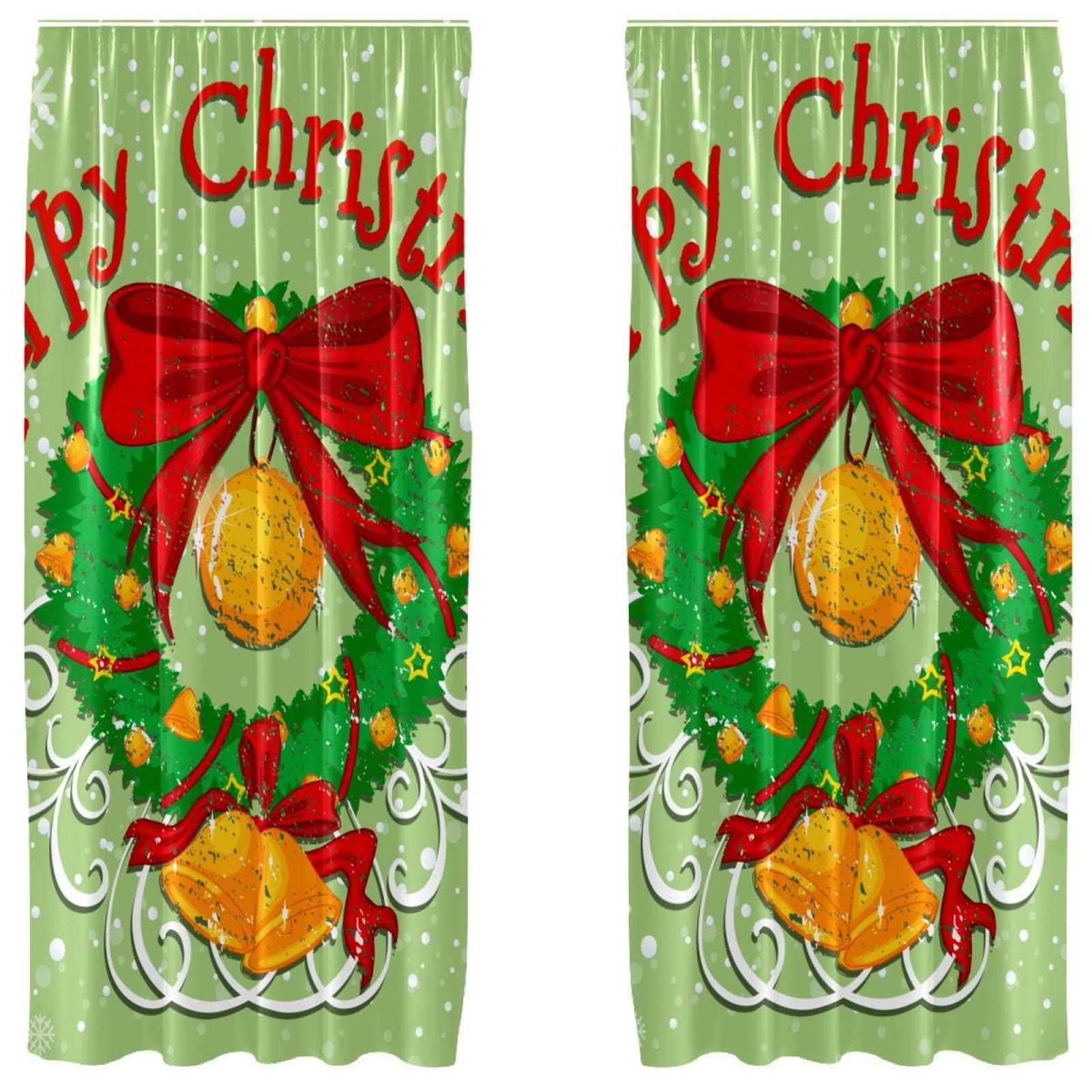 Rideaux de Noël cloche et nœud vert 140x213 cm | Lot de 2