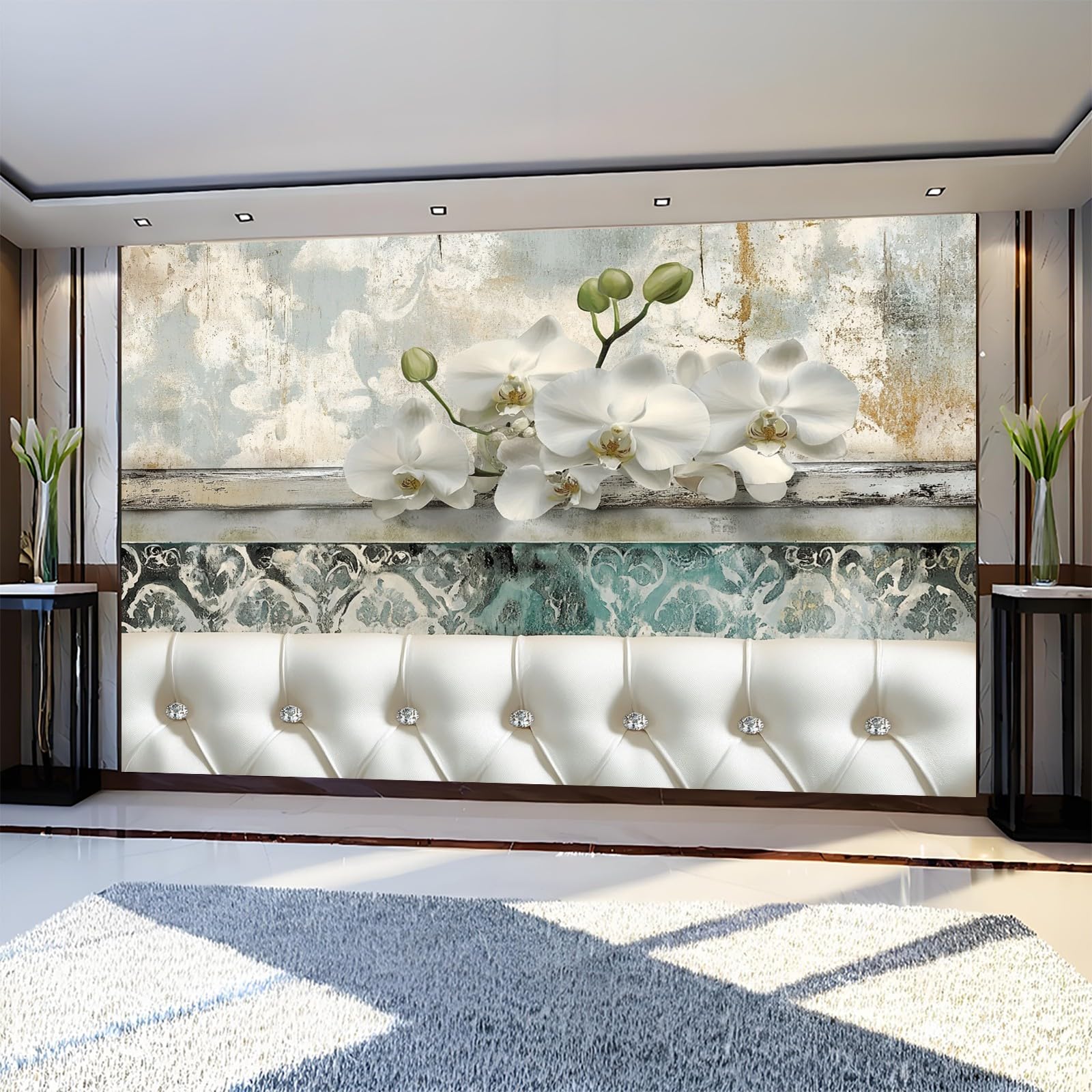 Fototapete Strassknöpfe mit Blumenmuster Vliestapete 300 x 210 cm Weiß 3D Effekt Wandbild Moderne Wandtapete für Schlafzimmer Wohnzimmer