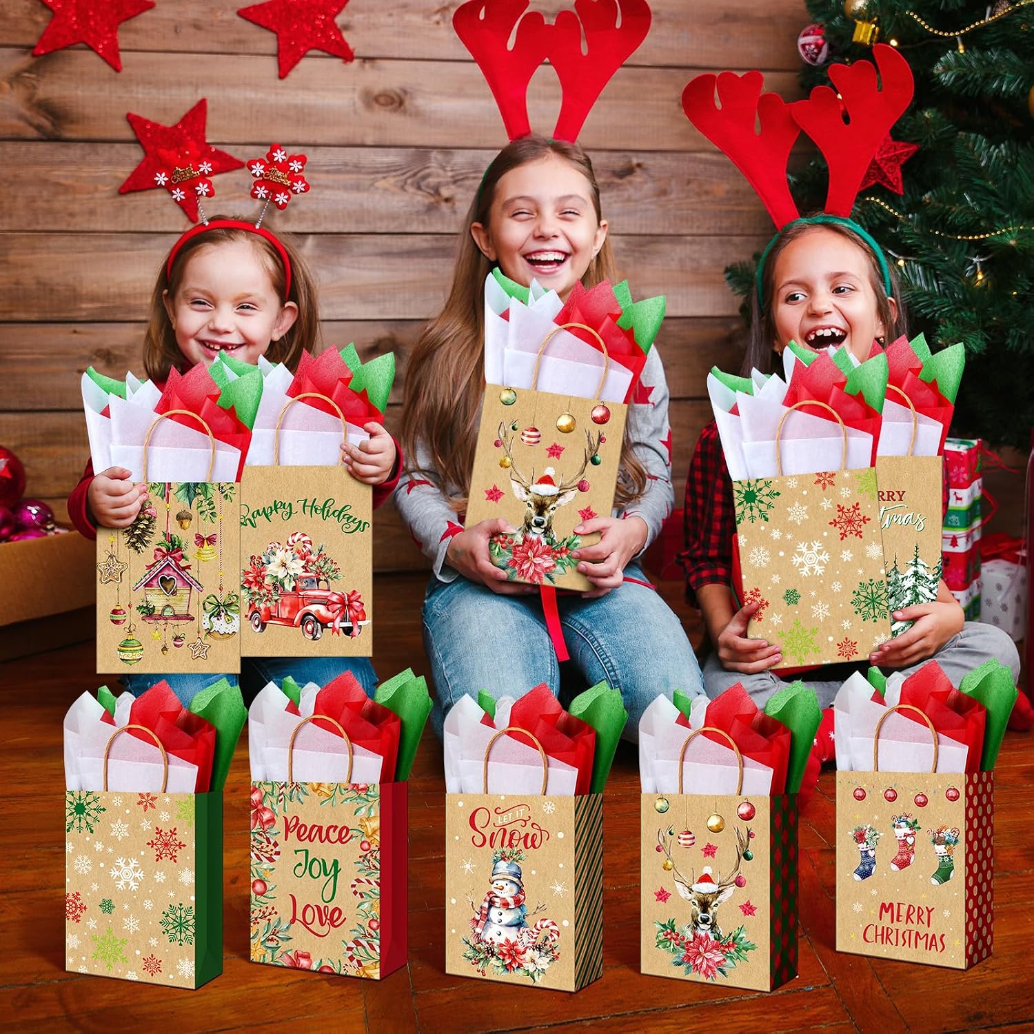 Zachely 48 Christmas Gift Bags with 48 Tissue Paper, 3.2x6.3x8.7Inch Bulk Holiday Kraft Paper Bags for Gifts with Handles, 8 Styles Xmas Gift Bags for Wrapping Christmas Holiday Presents Party Favors