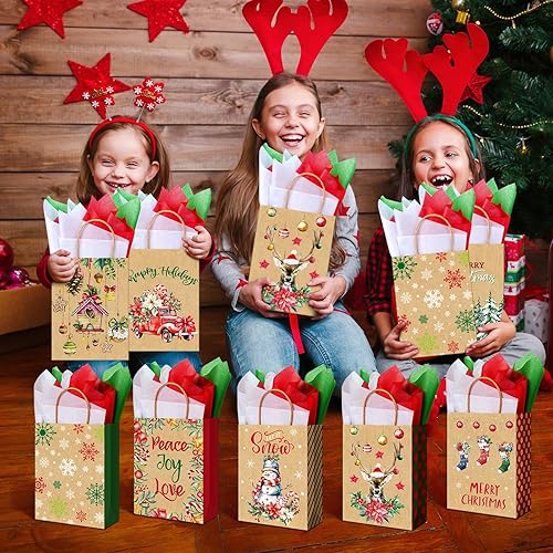 Miniatura 8 de Zachely 24 bolsas de regalo de Navidad con 24 papel de seda, bolsas de papel kraft a granel para regalos con asas, 8 estilos de bolsas de regalo de