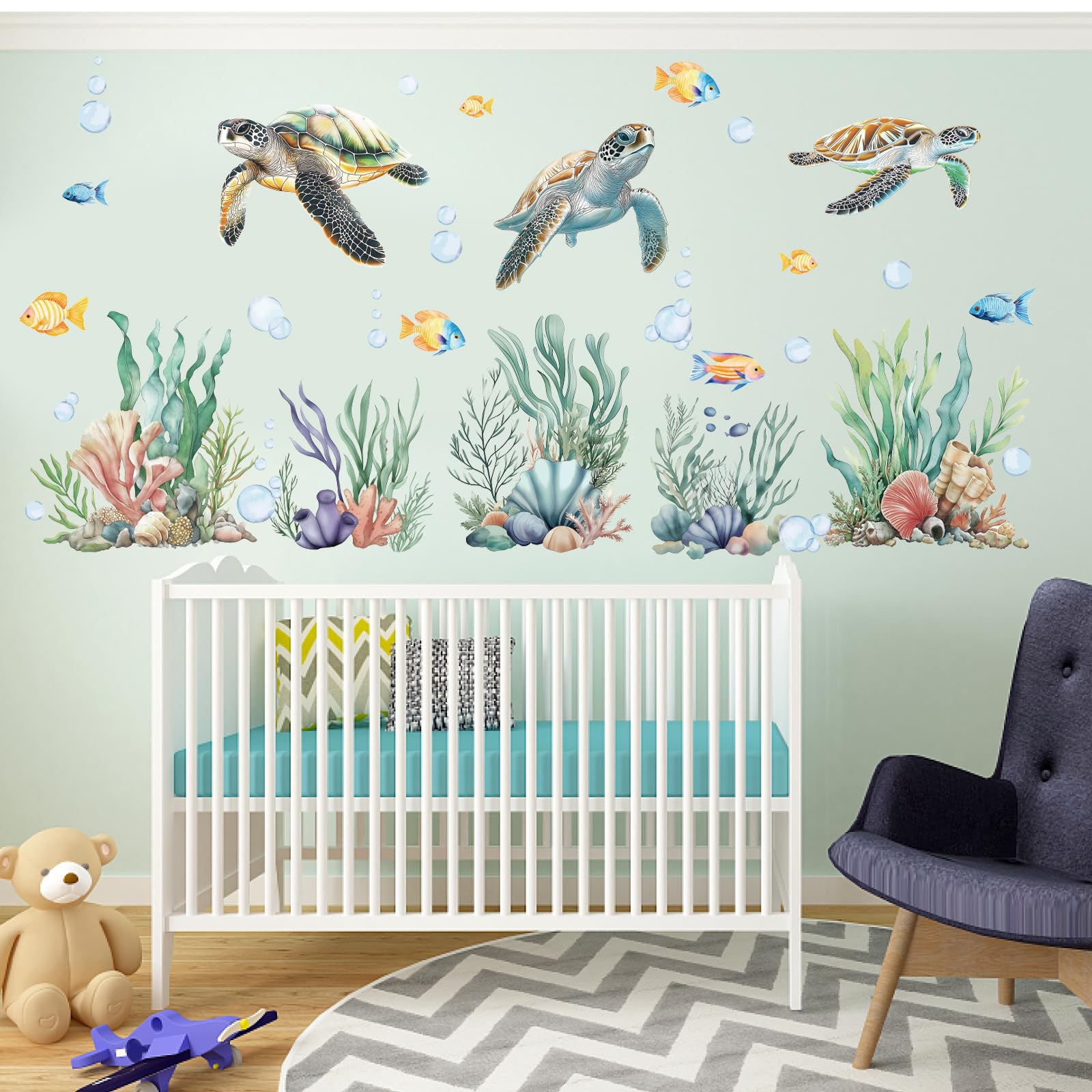 PLIGREAT 3 Sheets Watercolor Turtles Wall Stickers Seagrass Sea World Removable Vinyl Wall Decals for Kids Bedroom Reading Room Nursery Living Room Wall DIY Decorative Stickers