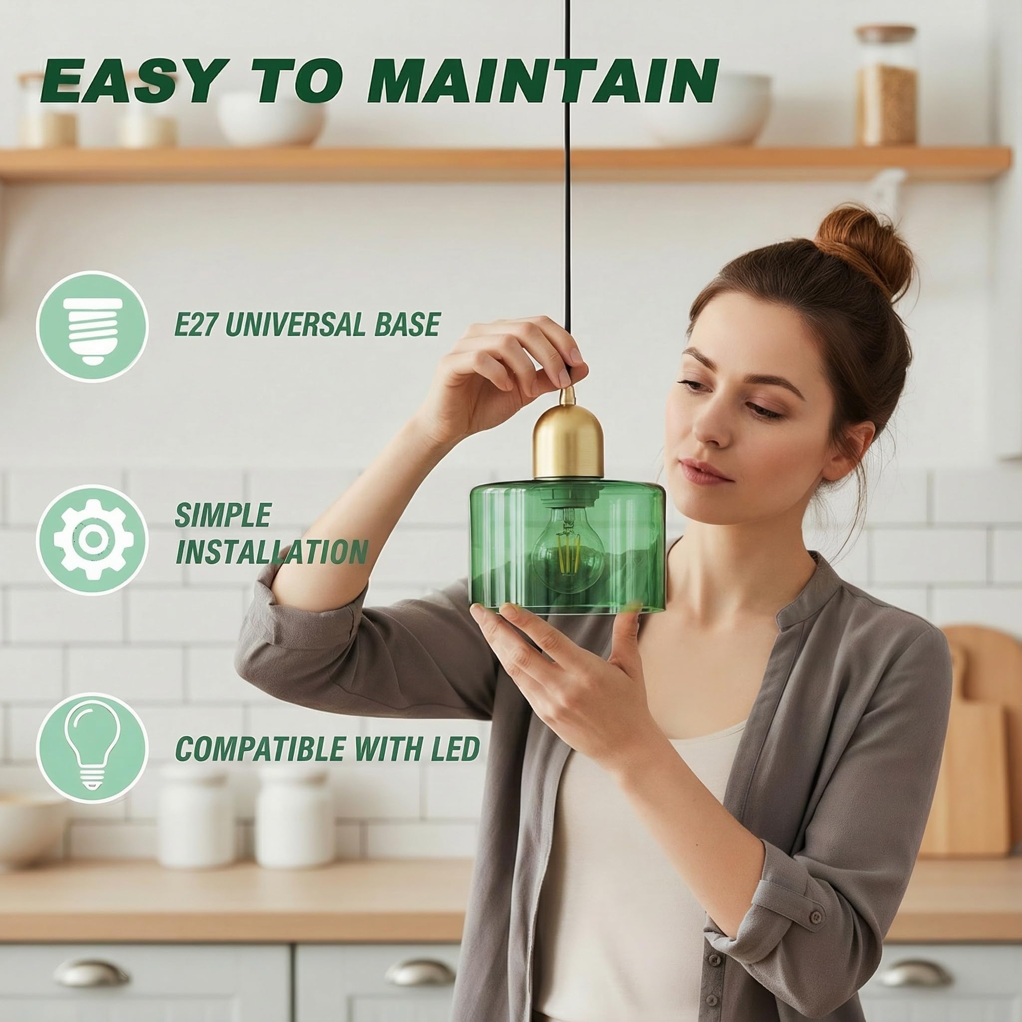 Mini Lampadario in Vetro, Lampada a Sospensione Moderna Retro E27 in Metallo Oro per Sala da Pranzo,Soggiorno,Cucina e Camera da Letto (Verde)