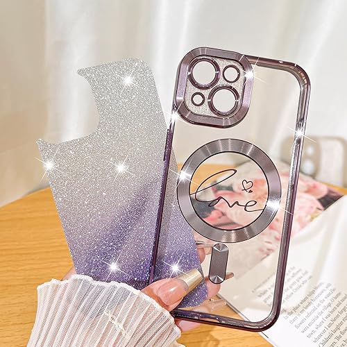 Vista 310 de Fiyart - Funda transparente magnética con purpurina para iPhone 12 para mujeres, con grabado "Love" metálico, protección para cámara y antigolpes