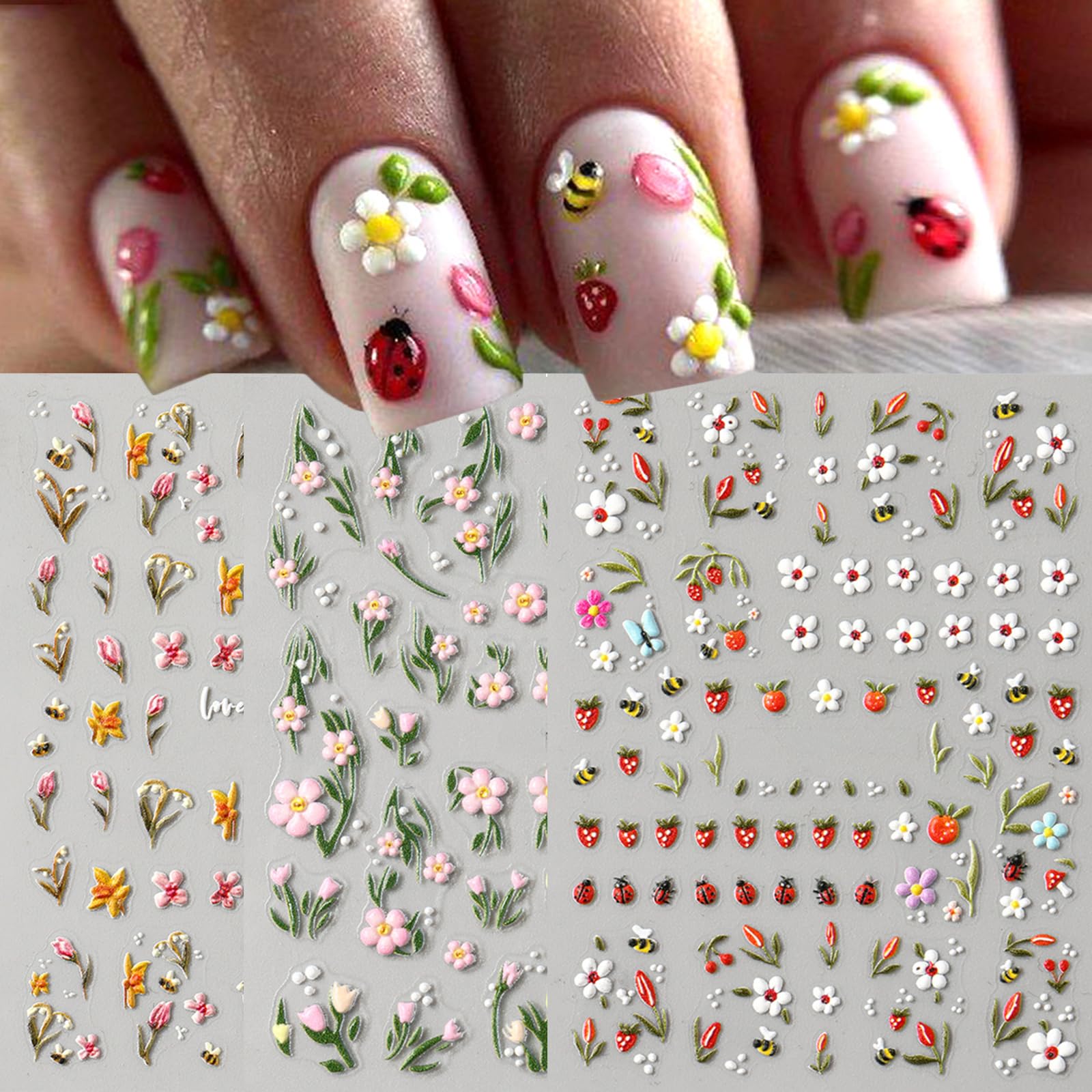 3PCS 5D Spring Flower Nail Stickers for Nail Art, 5D Embossed Ladybug Tulip Strawberry Nail Decals Cute Small Flowers Leaves Nail Design Manicure