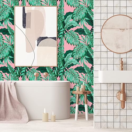 Miniatura 4 de VEELIKE Papel tapiz tropical rosa con hojas de palma, papel tapiz autoadhesivo para pared, papel adhesivo de 17.7 x 354 pulgadas, papel adhesivo