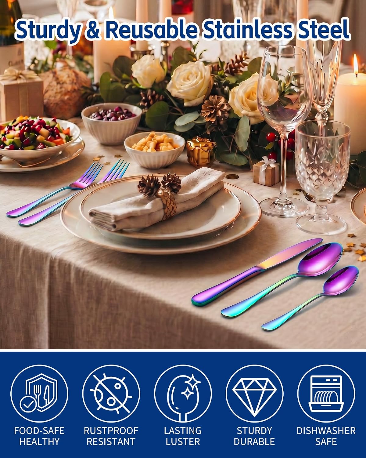 Rainbow Silverware Set for 4, 20-Piece Stainless Steel Flatware Set image 3