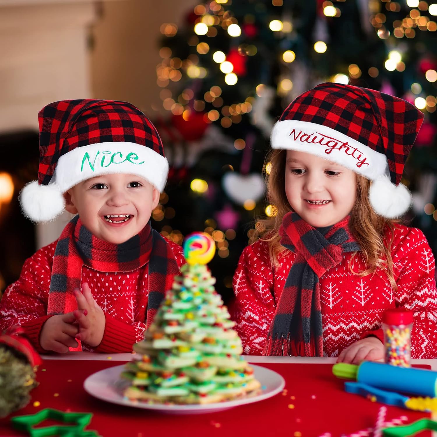 Haysandy 4 Pcs Naughty and Nice Plush Christmas Santa Hats with Scarfs for Holiday Xmas New Year