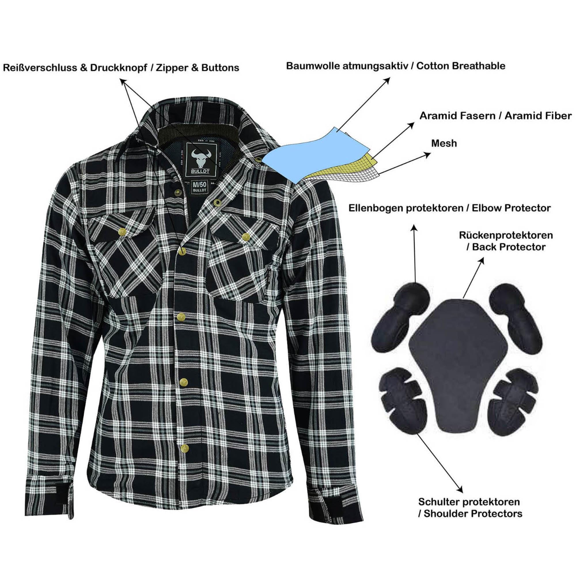 BULLDT Motorradhemd Herren mit abnehmbare CE-Protektoren - Klassisch 100% Baumwolle Holzfäller Flanellhemd - Biker Motorradjacke Hergestellt mit Aramid-Kevlar-Futter - Mit Schutz (EN 1621-1)
