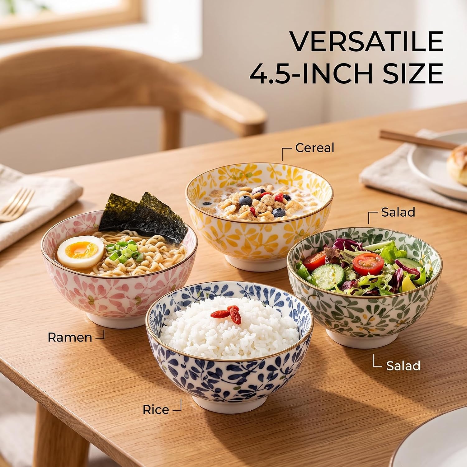4 - Pack 4.5 - Inch Ceramic Footed Bowls, Smooth Glazed Porcelain Rice Bowls Cereal Bowls Set, Microwave Safe Decorative Serving Bowls for Home Dining (Floral Design)