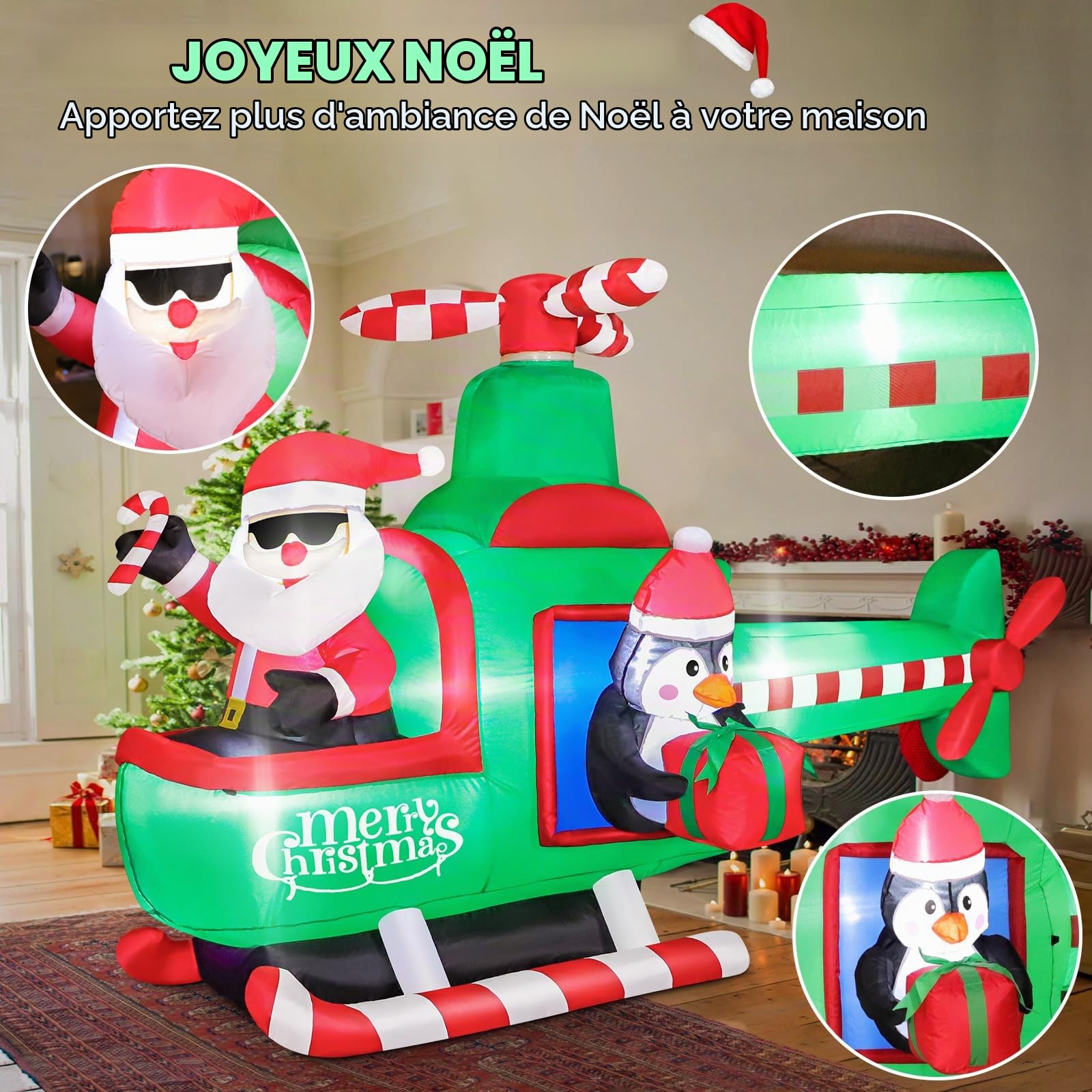 195 cm Père Noël gonflable avion pingouin avec lumières LED, intérieur/extérieur, fête, Noël, décorations de jardin gonflables