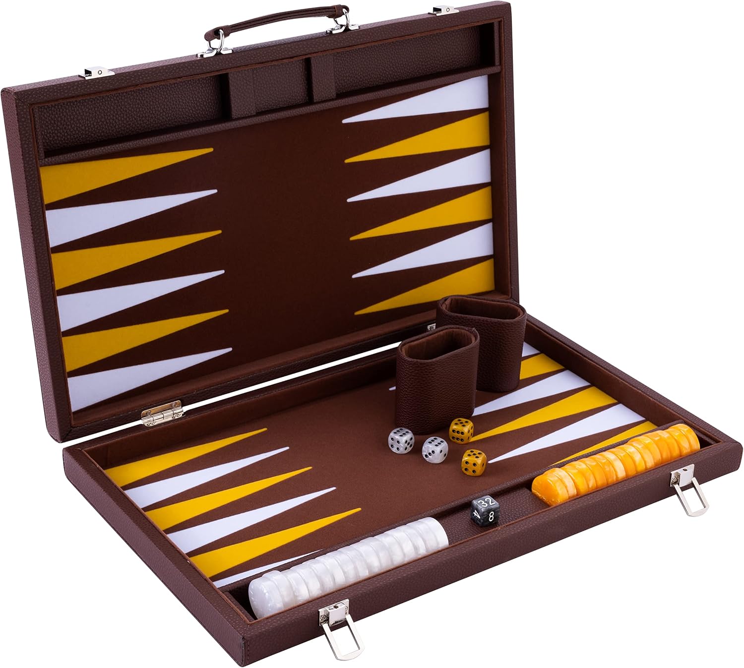 Engelhart, 250525, Luxury Backgammon Game, 18 Inches (45.5 cm), Brown Faux Leather Case, Felt Interior, Pearl Dice and Chips - Image 3