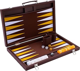 Engelhart 250525 – Backgammon de Lujo 18" (45,5 cm) – Estuche marrón de Piel sintética – Interior de Fieltro – Dados y fichas nacaradas – Juego de Estrategia para 2 Jugadores.