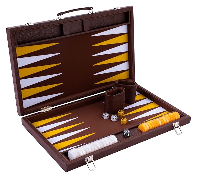Engelhart 250525 - Backgammon de Lujo 18" (45,5 cm) - Estuche marrón de Piel sintética - Interior de Fieltro