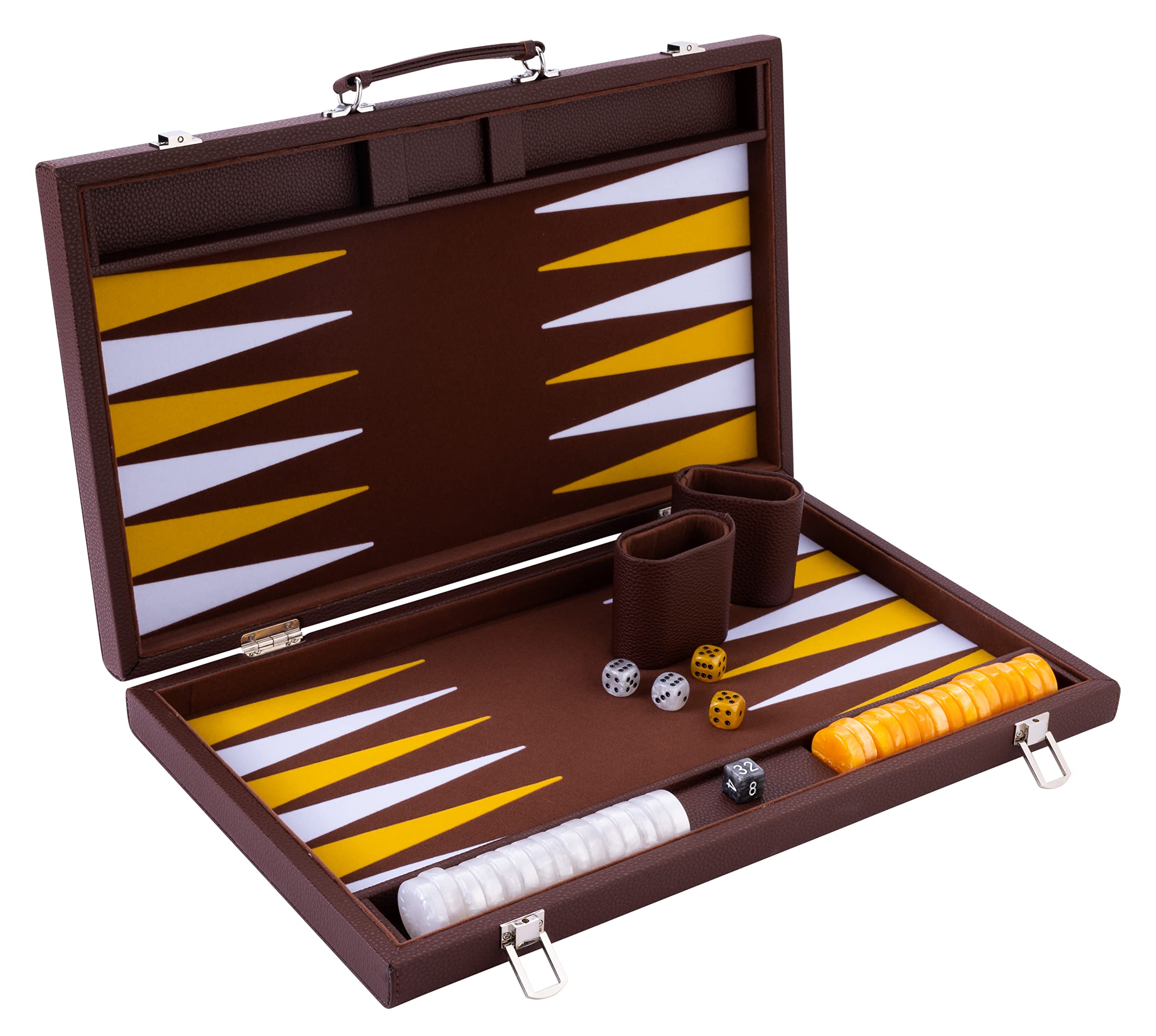 Engelhart - 250525 - Backgammon Di Lusso 18" (45,5 Cm) Marrone - Valigetta In Similpelle - Interno In Feltro - Pedine E Dadi Madreperla - Gioco Di Strategia Per 2 Giocatori-image