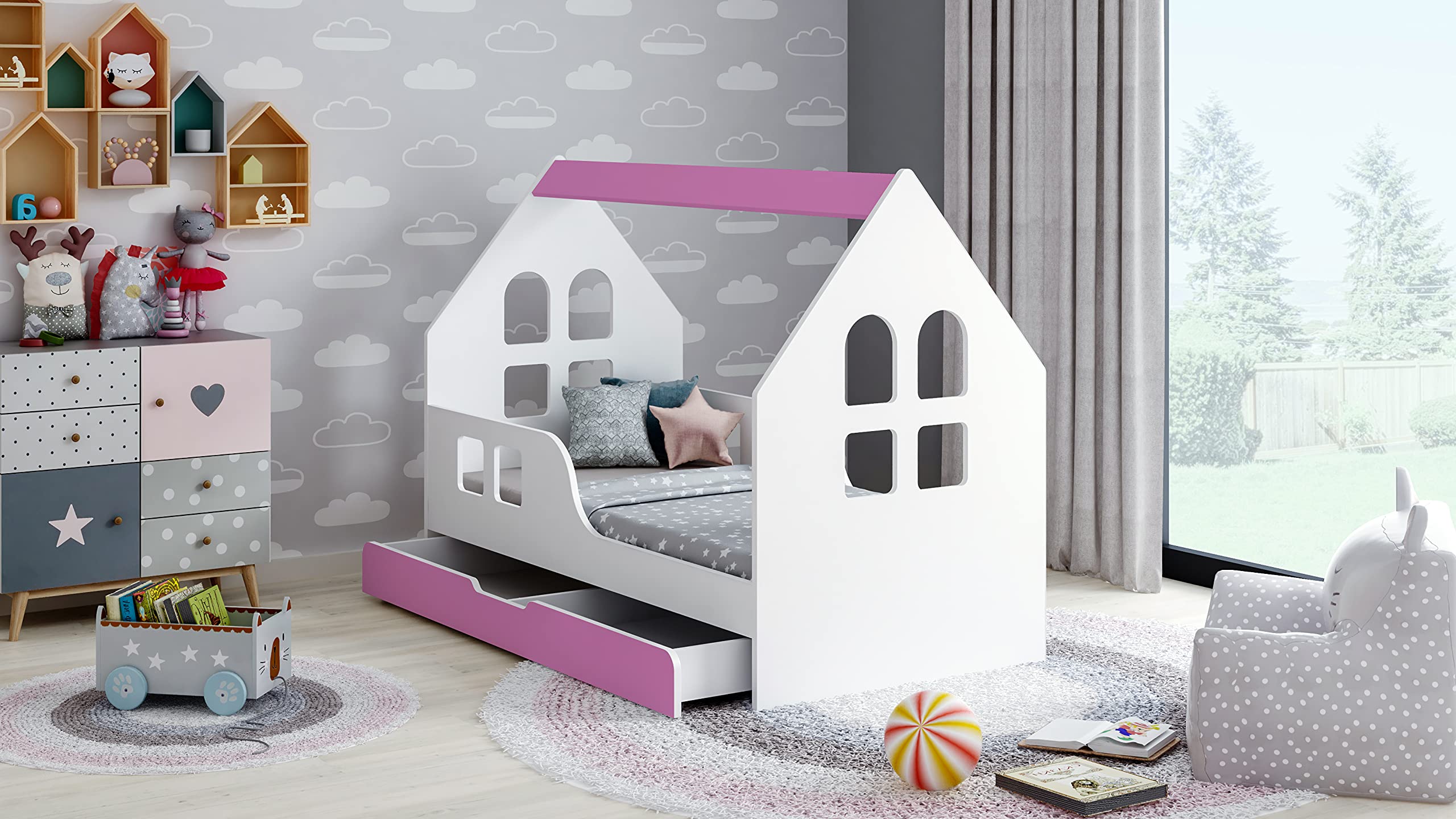BDW Cama infantil con cajón 140 x 70 cm, diseño moderno con bordes seguros