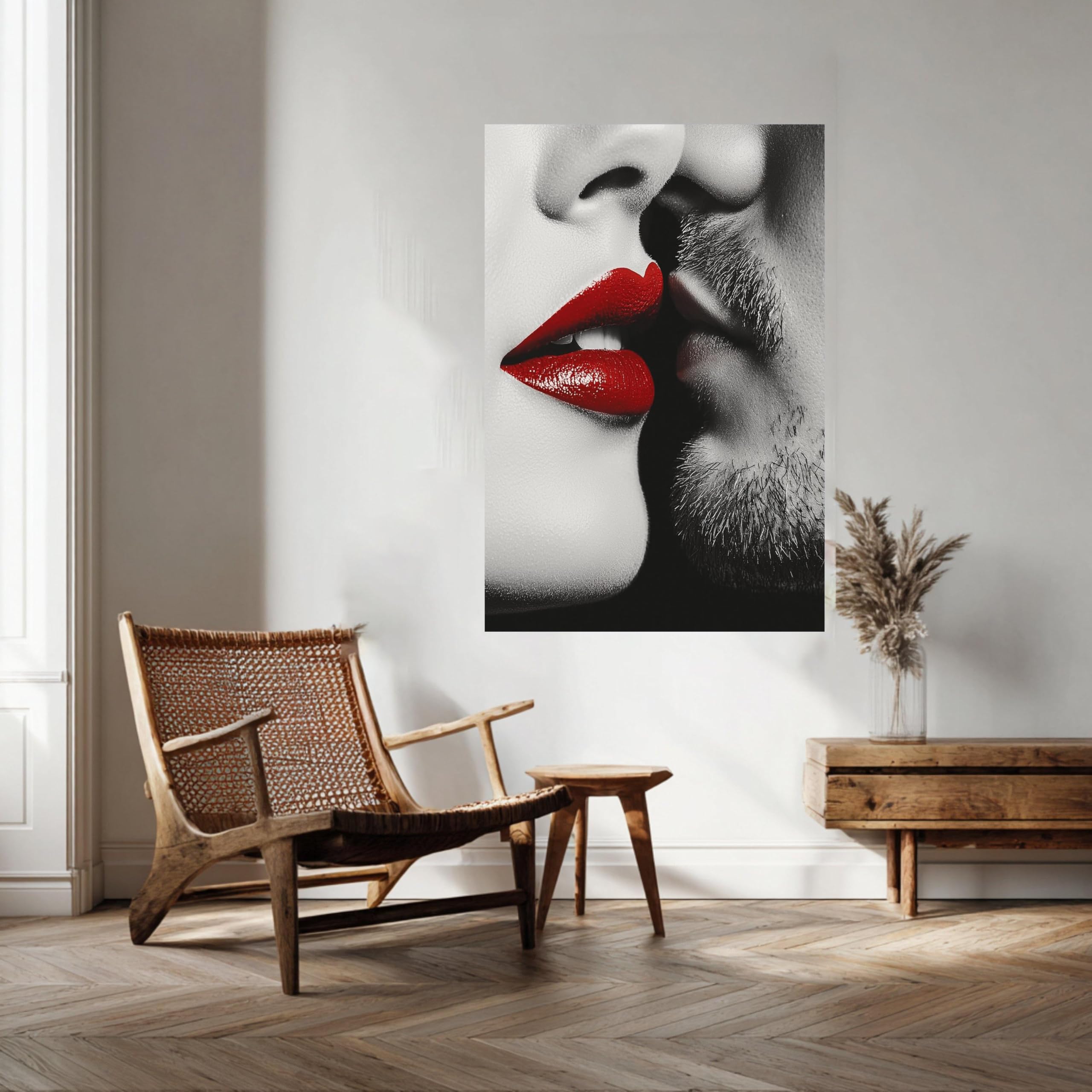 Tableau sur toile représentant un couple en gros plan, affiches et impressions aux lèvres rouges, portrait en noir et blanc, œuvre d'art moderne pour chambre à coucher (60 x 90 cm / cadre intérieur)