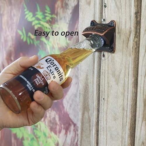 Miniatura 3 de Abrebotellas magnético cuadrado, abridor de cerveza montado en la pared con tapa magnética, cobre antiguo para regalos de amantes de la cerveza