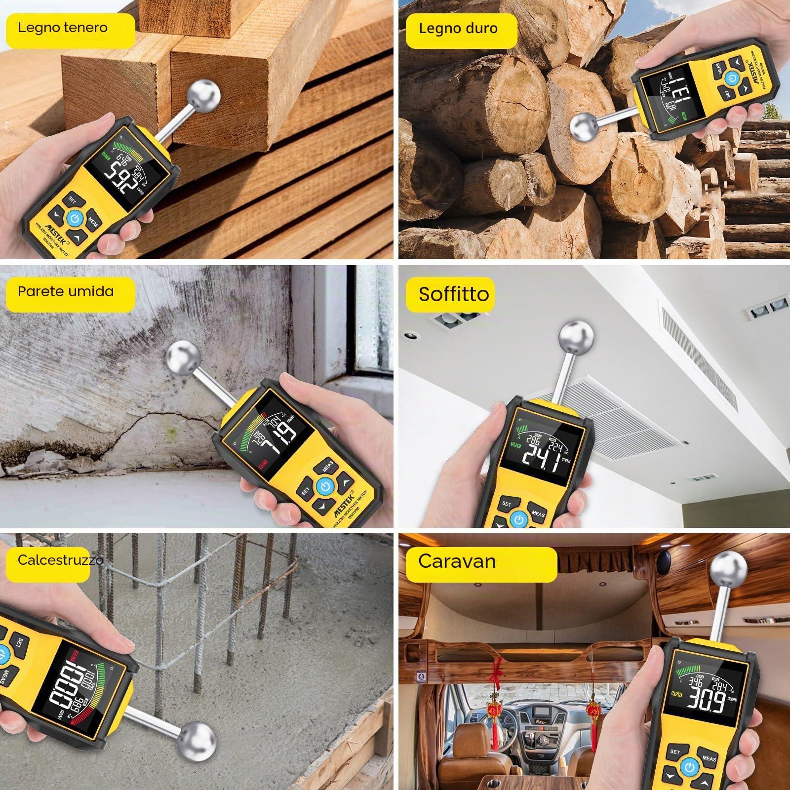 Misuratore di Umidità MESTEK Indicatore di Umidità 20-40mm Rivelatore di Umidità Igrometro Senza Ago Digitale LCD Display Allarme per Legni, Parete, Pavimenti, Legno, Gesso, con Batteria, Giallo