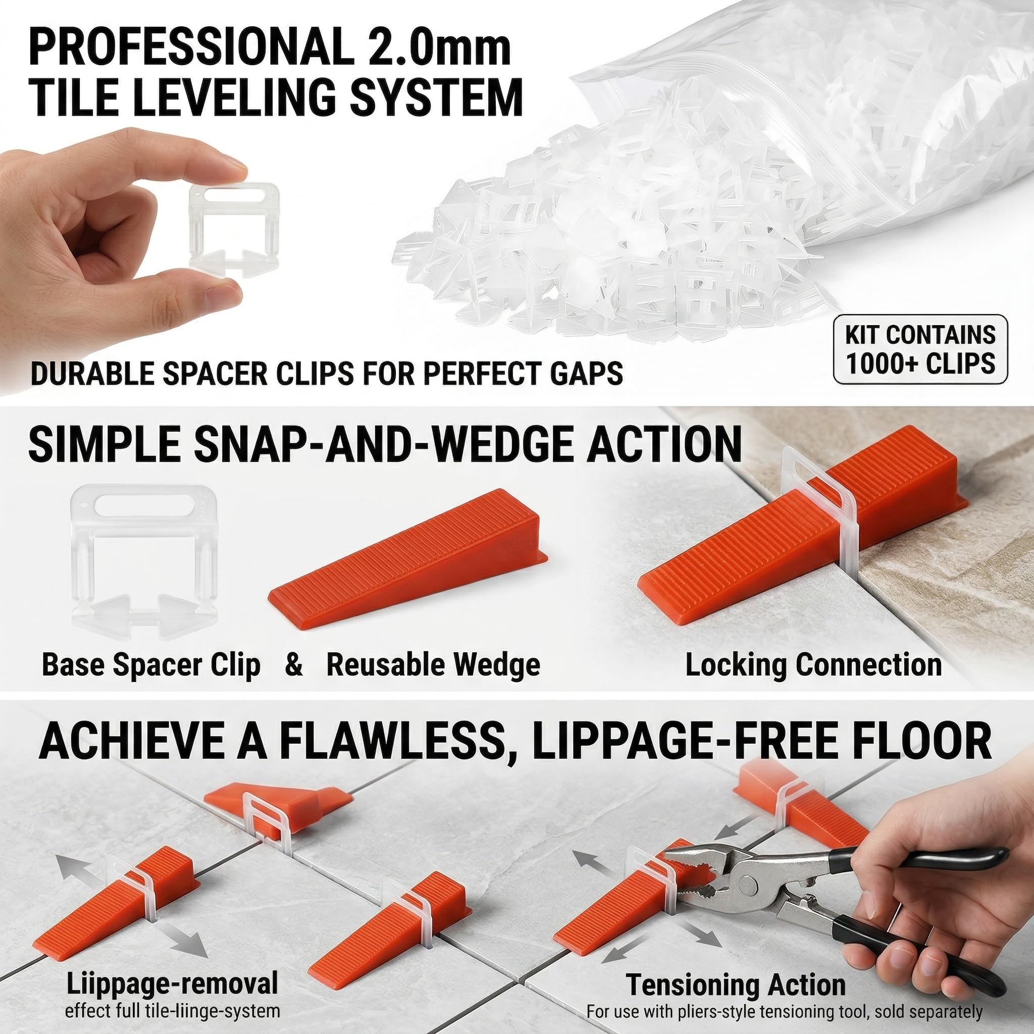 Sistema de Nivelación para Azulejos 600 Unidades, Herramienta de Nivelación para Cerámica, Cuñas para Azulejos y Base para Colocar Azulejos, Reutilizable, para Suelo y Paredes 2.0mm