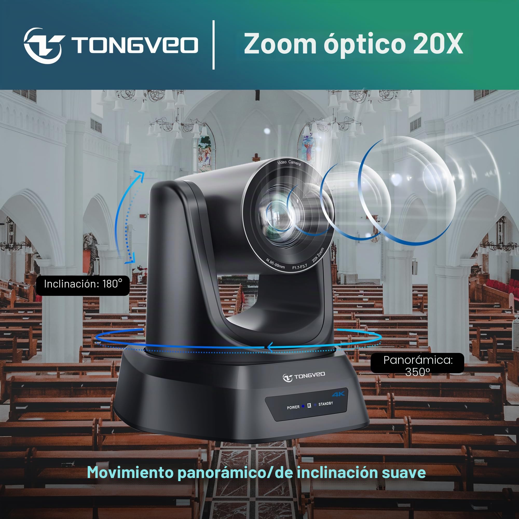 TONGVEO Cámara 4K AI PTZ con seguimiento automático y zoom óptico de 20x, cámara de conferencia con HDMI/USB3.0/LAN/PoE, ideal para servicios religiosos, reuniones de zoom, transmisión en directo y