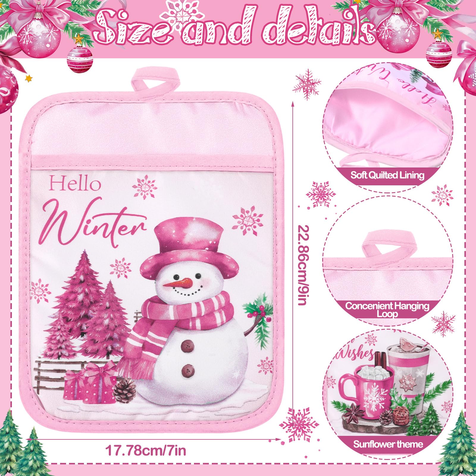 Jingmore Topflappen mit Tasche, Motiv: Hello Winter, Topflappen, Geschenk, Großpackung Schneemann, Zwerg, hitzebeständig, heiße Pads, Ofenhandschuhe, niedliche Schneeflocke, Ofenhandschuhe für