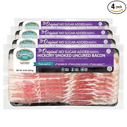 Pederson’s Farms, Hickory Smoked Uncured Pork Bacon, Whole30 (4 Pack, Use/Freeze) 10oz - The Original, No Sugar Added, Keto Paleo Diet Friendly, No Nitrite Nitrate, Made in the US