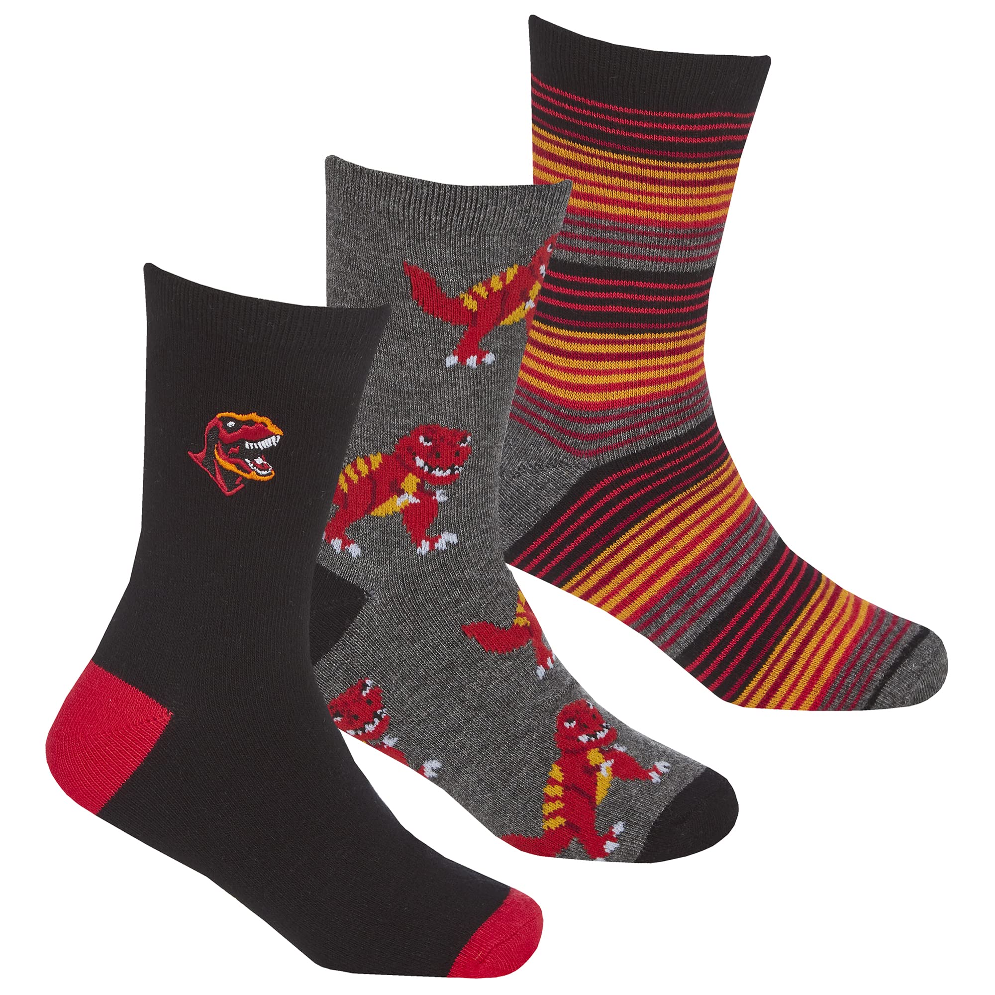 Metzuyan 3 Pairs Boys Childrens Soft Bamboo Socks Embroidered T-Rex Mid Calf Novelty Dino Dinosaurs Printed Socks Red 12.5-3.5