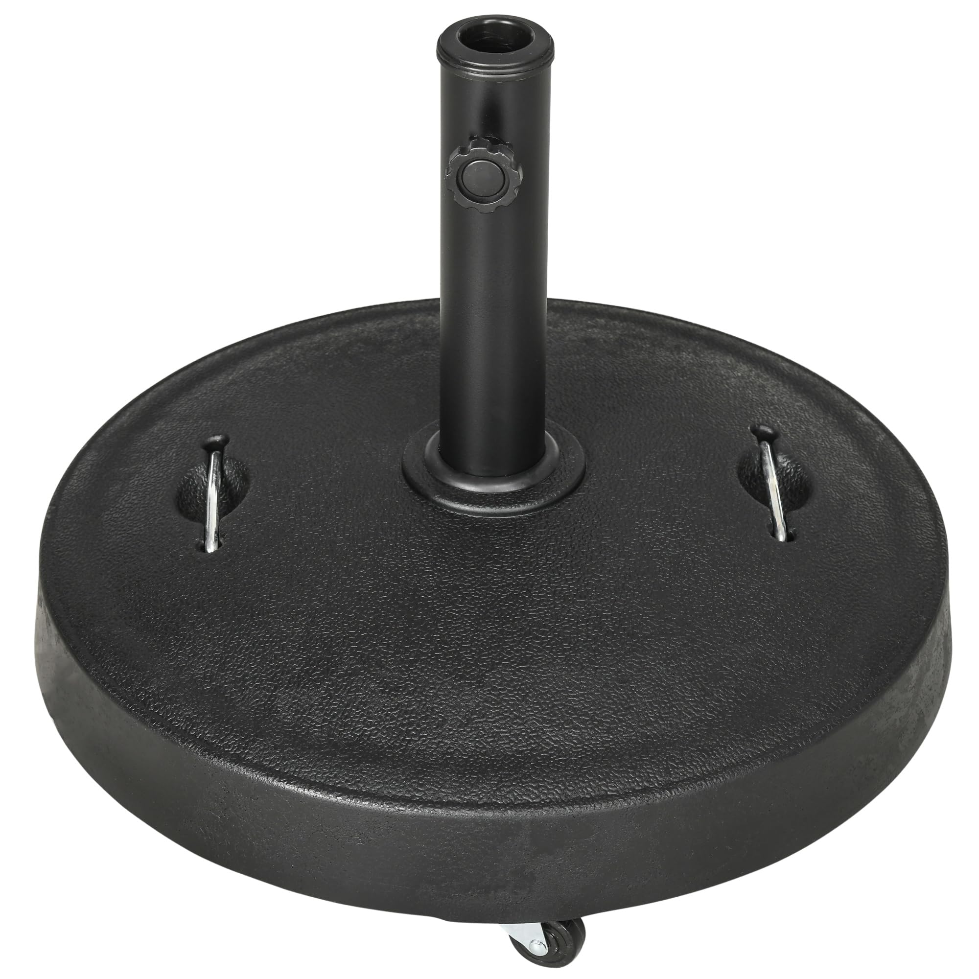 Outsunny Base de Sombrilla de Jardín de Resina 23,5 kg con Ruedas y Asa Retráctil Soporte de Parasol para Postes de Ø32/48 mm para Terraza Patio Balcón Ø53x41 cm Negro